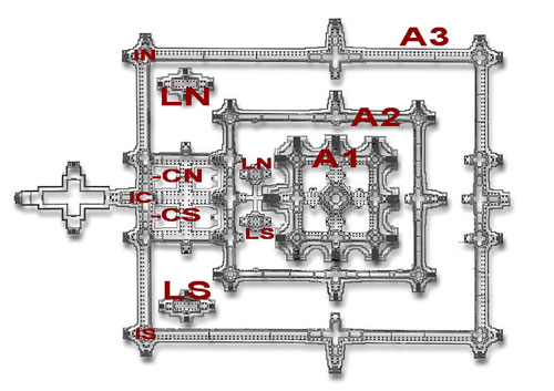 Angkor Wat's main structure with key devata locations labeled.