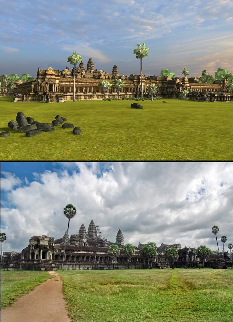 Angkor Wat 3D: View from the northwest, walking from the concession stands (I couldn't wait for them to invent the virtual ice cold Angkor beer. Sorry.))