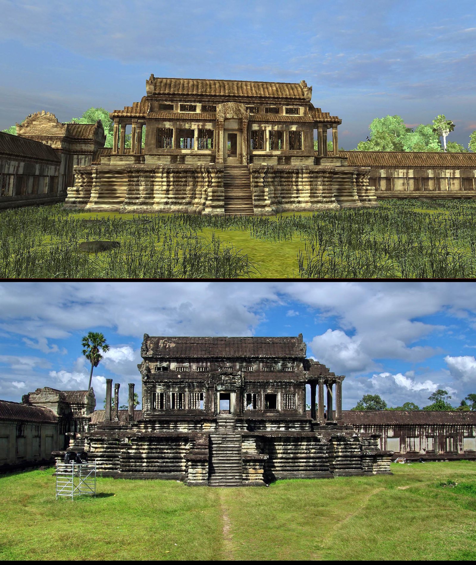 Angkor Wat 3D: They began calling these structures "libraries" more than 100 years ago. No one knows what they really were. This structure is surrounded by 46 devata images.