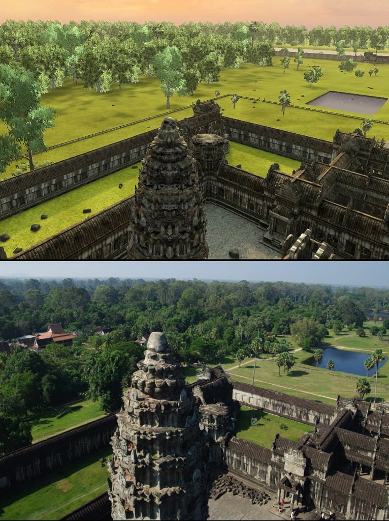 Angkor Wat 3D: From the central tower this is the view to the southwest. Vizerra did not include the Buddhist temple that was later built just outside the perimeter walls of Angkor Wat.