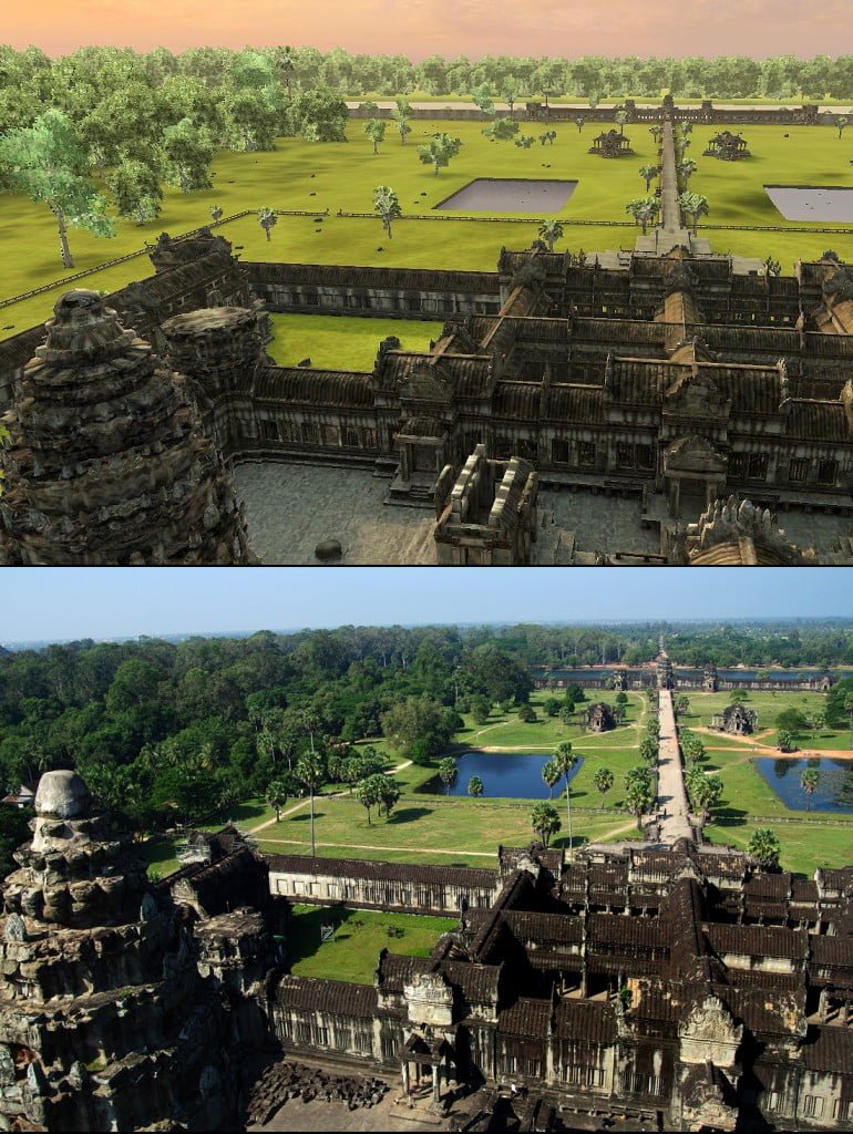 Angkor Wat 3D: A spectacular view west-southwest from the top of the central tower at Angkor Wat.