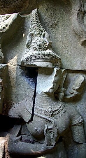 Heritage Watch protects Cambodian antiquities like this Devata (sacred female image) defaced at Beng Melea - 2008.