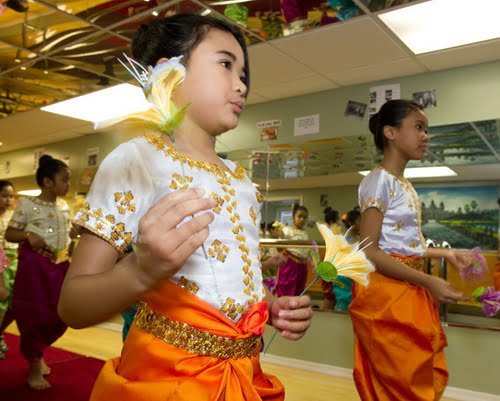 Khmer Classical Dance students in traditional costumes study with the Cambodian Association of Greater Philadelphia dance project