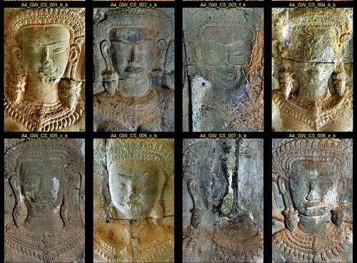 Angkor Wat women: Features of some devata faces were damaged by erosion over the centuries.