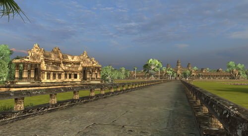 Angkor Wat 3D causeway facing east, with a library structure on the left.