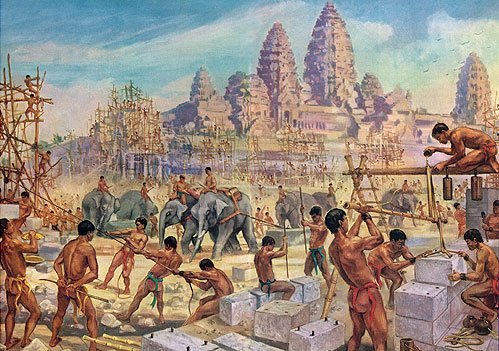 "Elephant Teams Drag Heavy Stones for the Building of Angkor Wat" by Maurice Fiévet