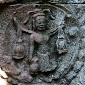 The Happy Water Girl on the mystery door at Preah Khan temple in Angkor Cambodia