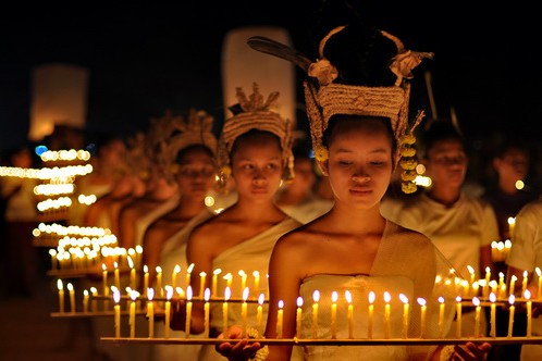 The Sacred Dancers of Angkor perform their first international dance ritual for thousands of worshipper gathered at Wat Phou temple in Laos. February 2012.