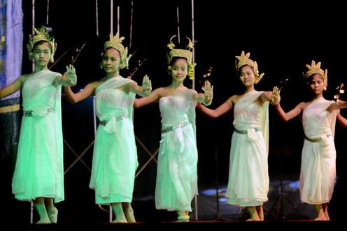 The Sacred Dancers of Angkor perform their first international dance ritual for thousands of worshipper gathered at Wat Phou temple in Laos. February 2012.