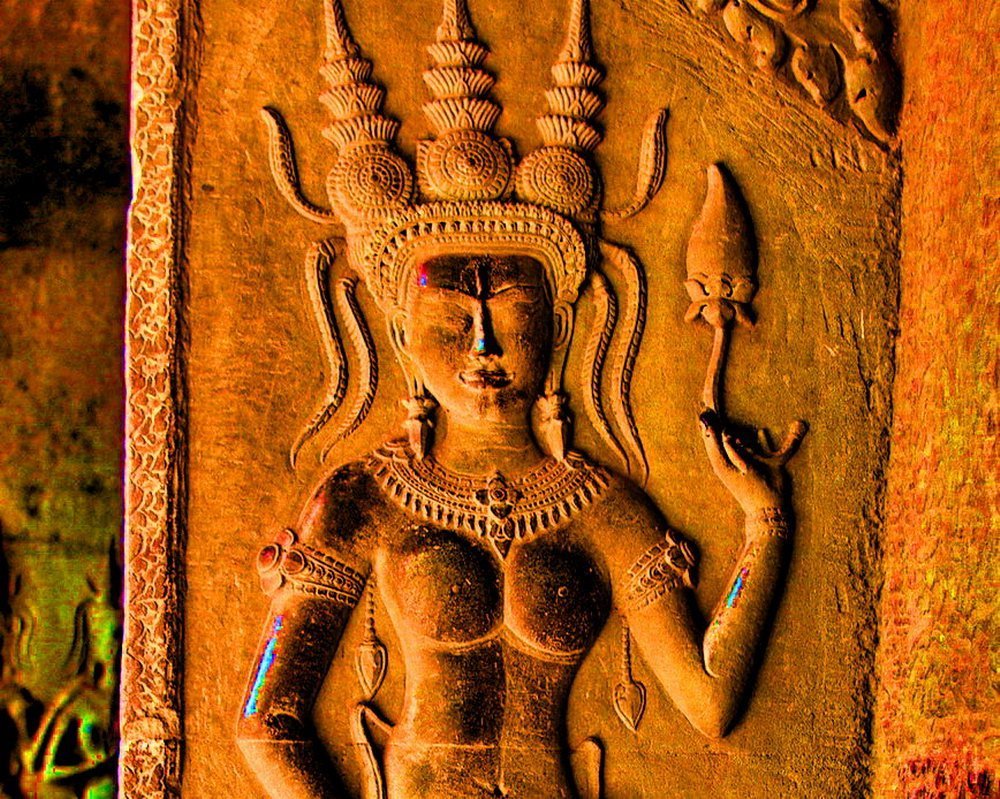 Colorful Images of Devata Goddesses or Apsaras at Angkor Wat