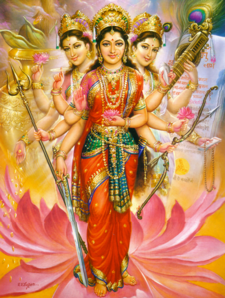 Tridevi-454 Lakshmi (wealth/material fulfillment), Parvati (Power/love/spiritual fulfillment), and Saraswati (learning and arts/cultural fulfillment) joined in a single manifestation of Devi. Painting by V.V. Sagar.