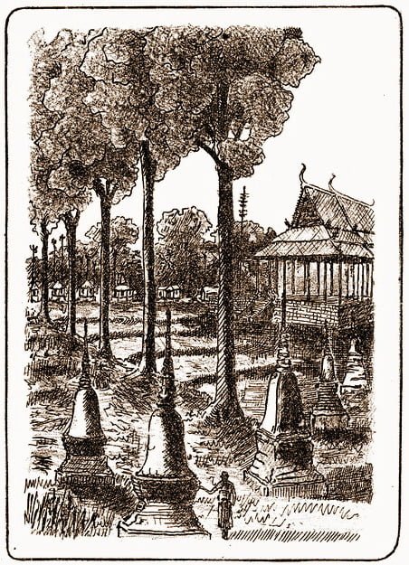 Buddhist pagoda-Ken Svai-Roland Meyer-1912 Sketch of a Buddhist pagoda in Ken Svai, near Phnom Penh, by Roland Meyer, circa 1912