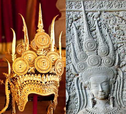 A modern crown created for this special performance of the Royal Ballet of Cambodia and a crowned devata seen on the West Gopura of Angkor Wat. Photo left - Copyright 2010 Anders Jiras. Right - Kent Davis