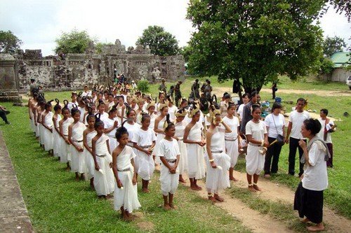 At Preah Vihear temple, the NKFC Sacred Dancers of Angkor troupe perform a blessing ritual calling for peace. August 2011.