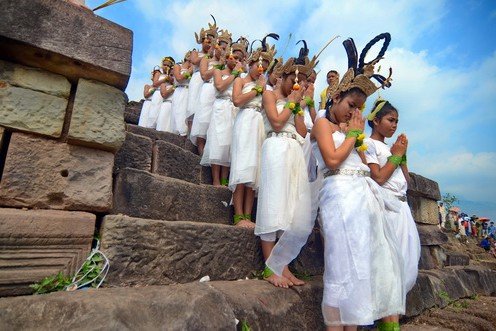 The Sacred Dancers of Angkor perform their first international dance ritual for thousands of worshipper gathered at Wat Phou temple in Laos. February 2012.