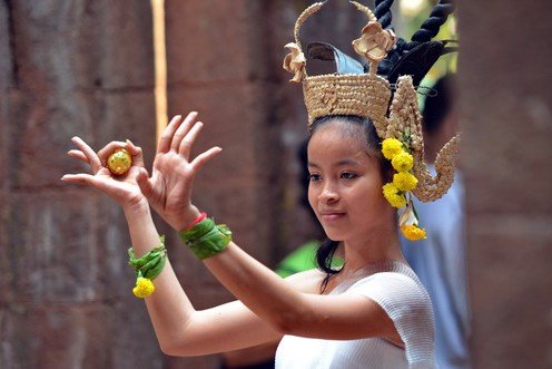 The Sacred Dancers of Angkor perform their first international dance ritual for thousands of worshipper gathered at Wat Phou temple in Laos. February 2012.