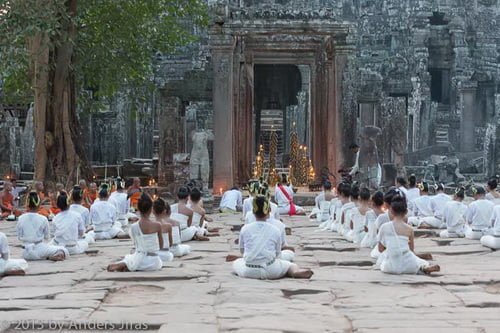 The NKFC Sacred Dancers of Angkor troupe performing a blessing ritual at Bayon temple in Angkor Thom. February 2013. Photo by Anders Jiras.