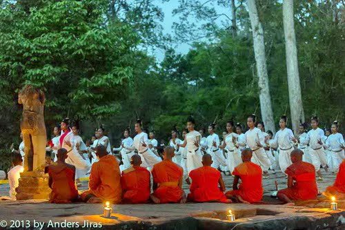 The NKFC Sacred Dancers of Angkor troupe performing a blessing ritual at Bayon temple in Angkor Thom. February 2013. Photo by Anders Jiras.