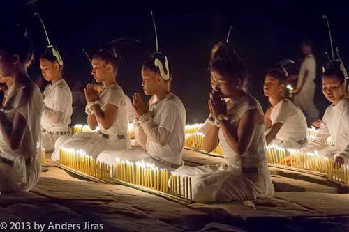 The NKFC Sacred Dancers of Angkor troupe performing a blessing ritual at Bayon temple in Angkor Thom. February 2013. Photo by Anders Jiras.